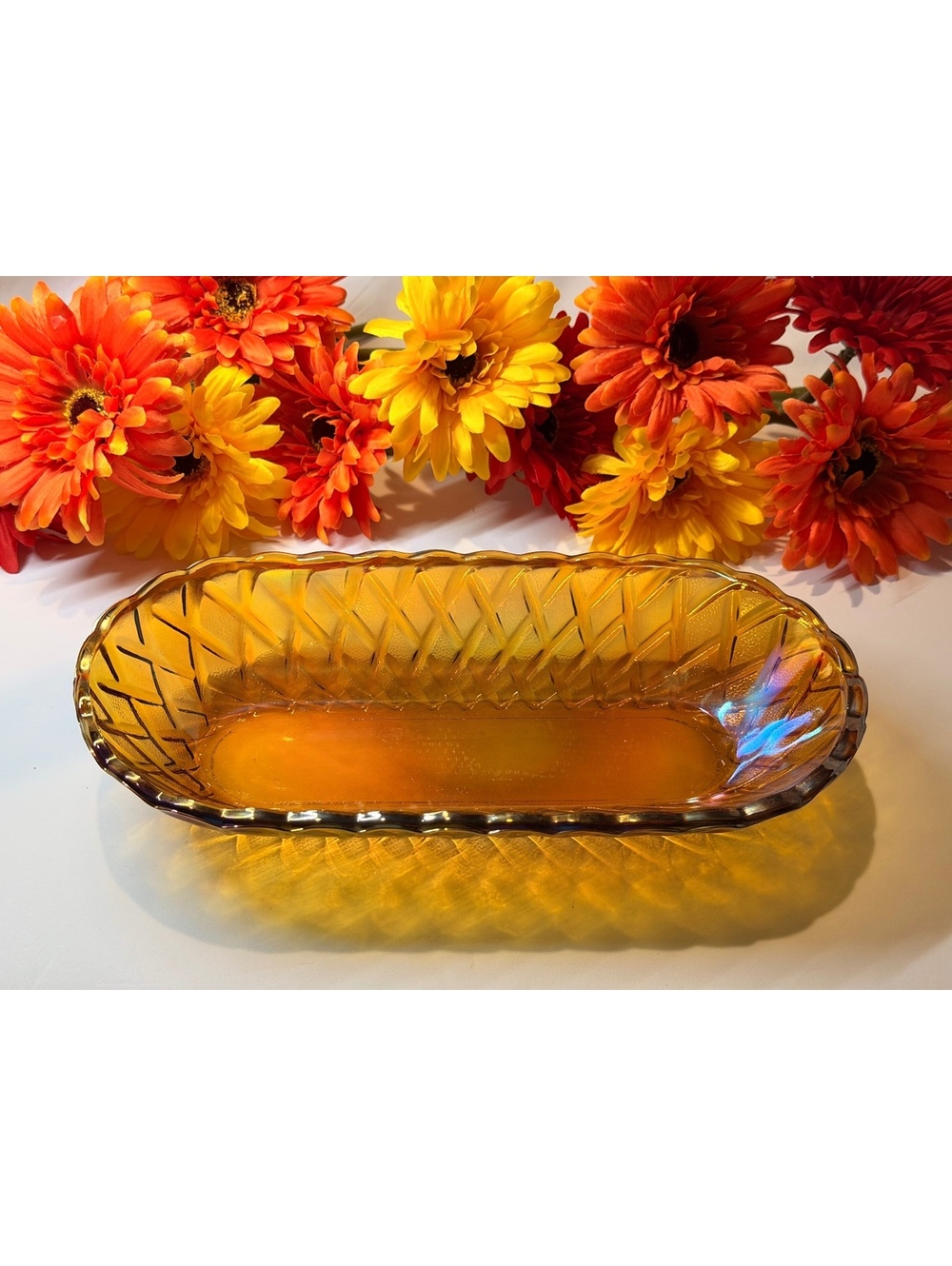 Vintage Marigold Carnival Glass Relish Dish Iridescent Diamond Pattern 11”